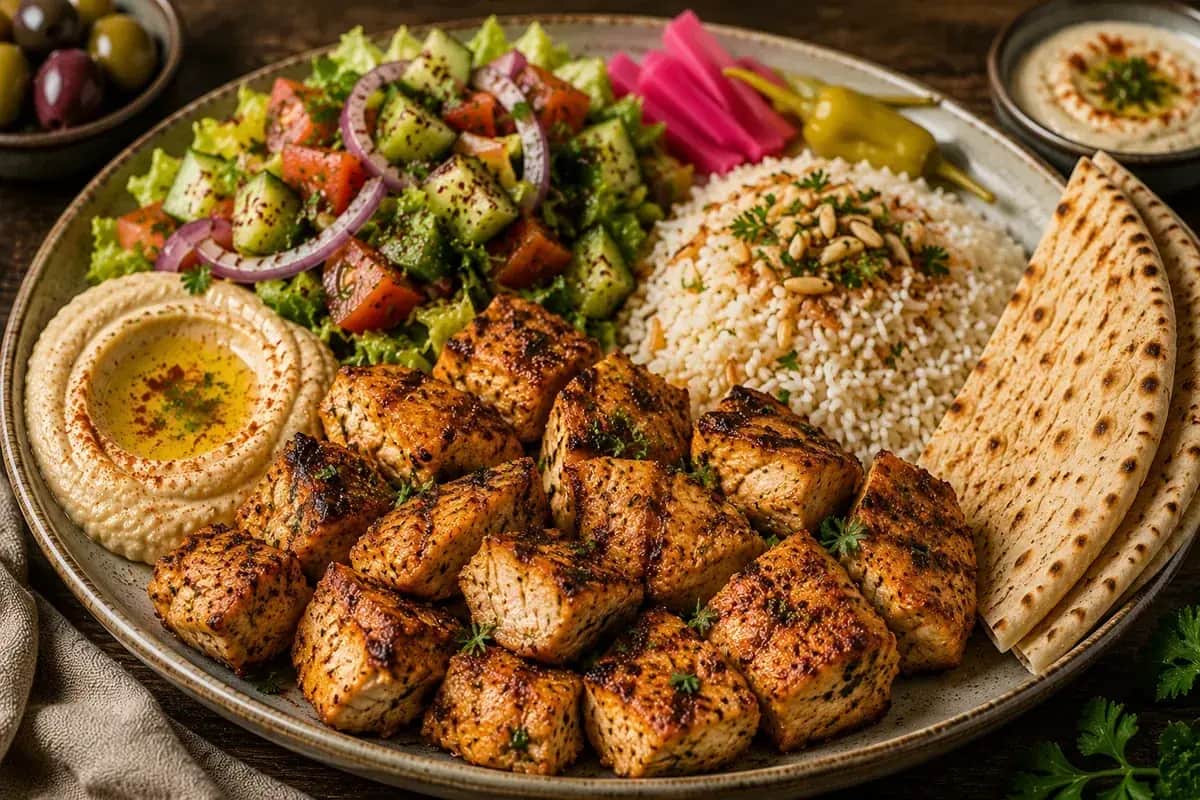 Mediterranean grilled chicken sliced over brown rice with cucumber, tomatoes, fresh parsley, and creamy yogurt sauce.