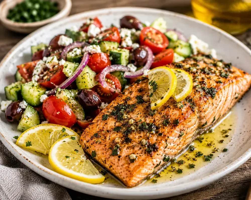 Mediterranean lemon herb salmon served with roasted zucchini, cherry tomatoes, fresh parsley, dill, and lemon wedges.