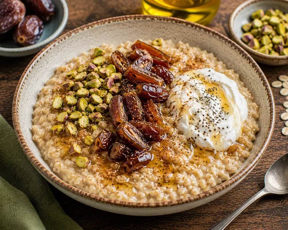 Creamy Mediterranean-inspired oatmeal topped with Medjool dates, pistachios, walnuts, banana, blueberries, chia seeds, cinnamon, and honey.