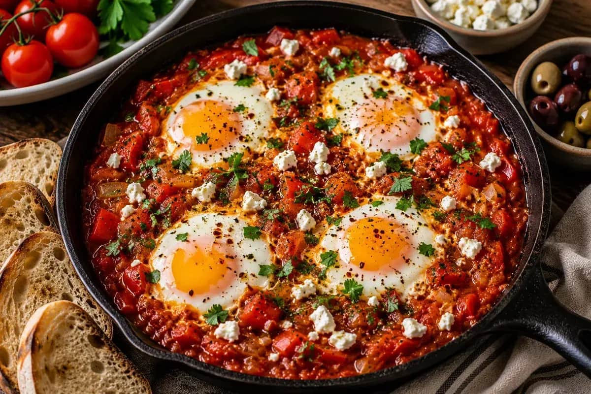 Mediterranean shakshuka with eggs gently poached in thick tomato and red pepper sauce, garnished with fresh parsley and feta.