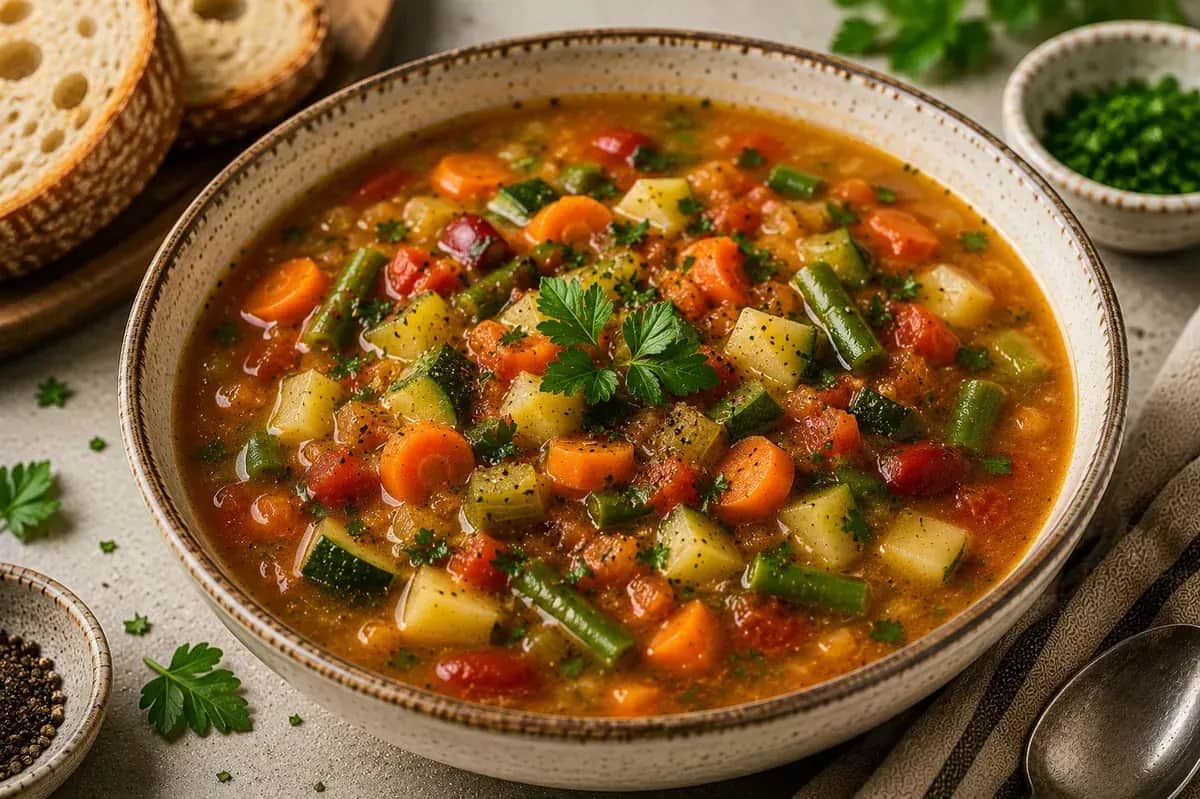 Syrian-style Mediterranean vegetable soup with colorful vegetables, chickpeas, parsley, and lemon.