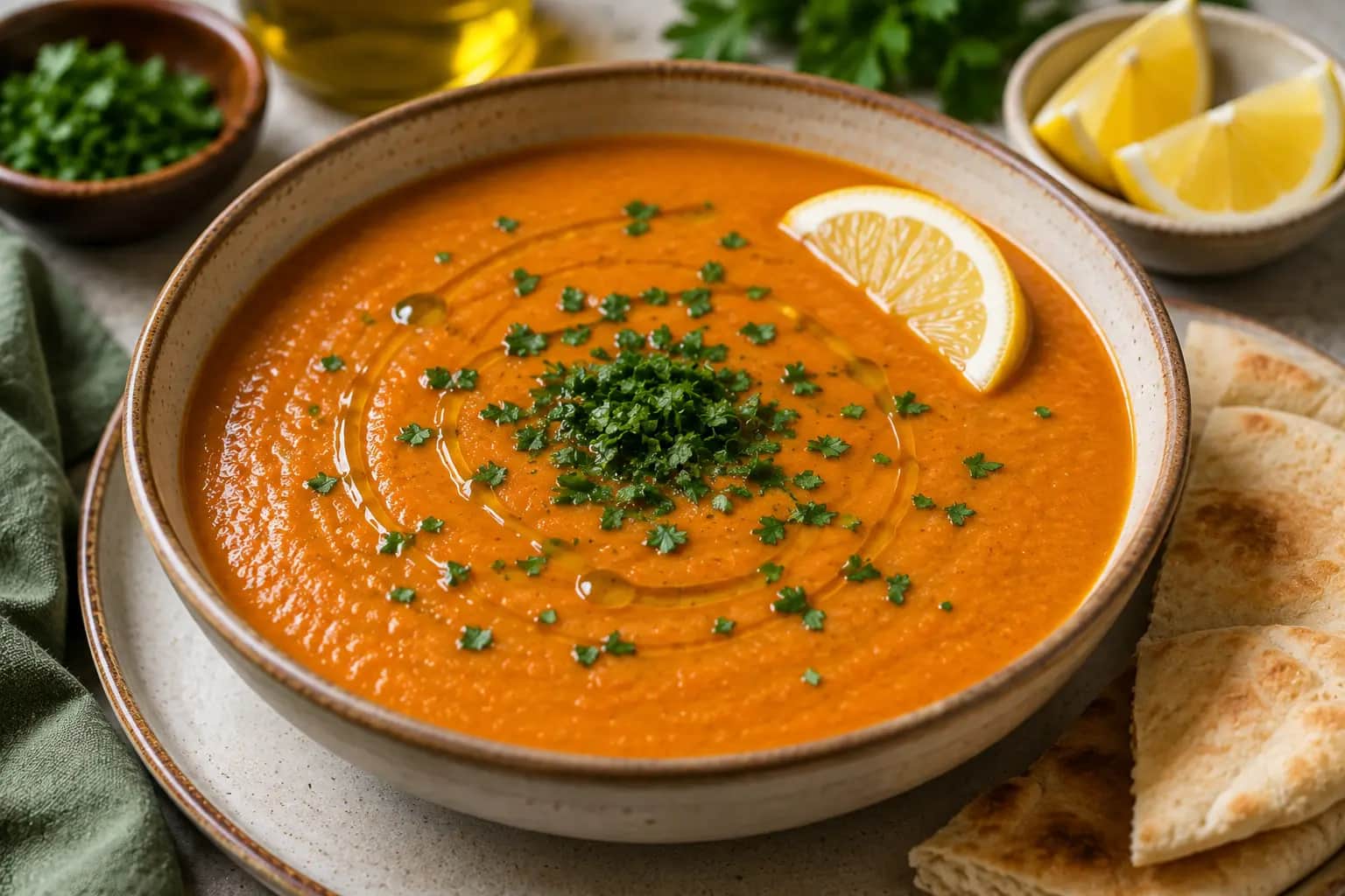 Lebanese red lentil soup with a smooth golden texture, fresh parsley, olive oil, and lemon wedges.