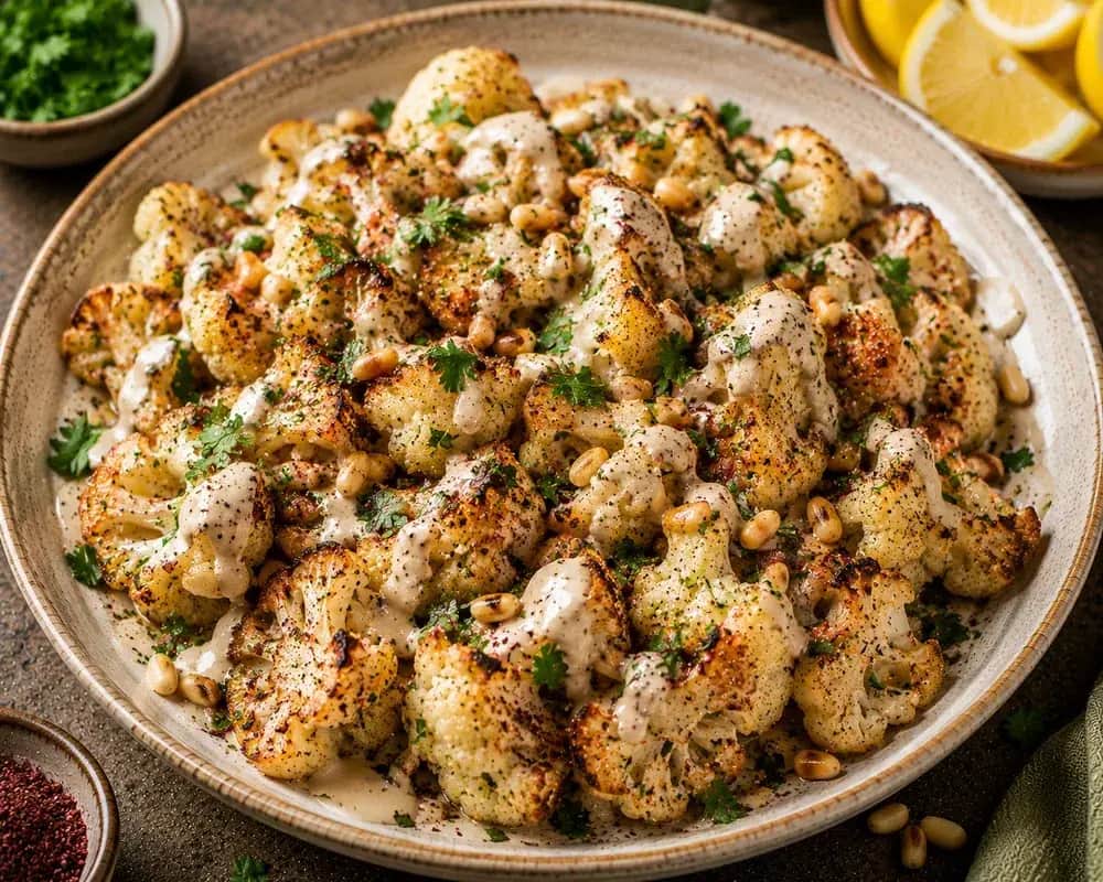 Golden roasted cauliflower florets drizzled with creamy lemon-garlic tahini sauce and topped with parsley, toasted pine nuts, and paprika on a Lebanese mezze table.