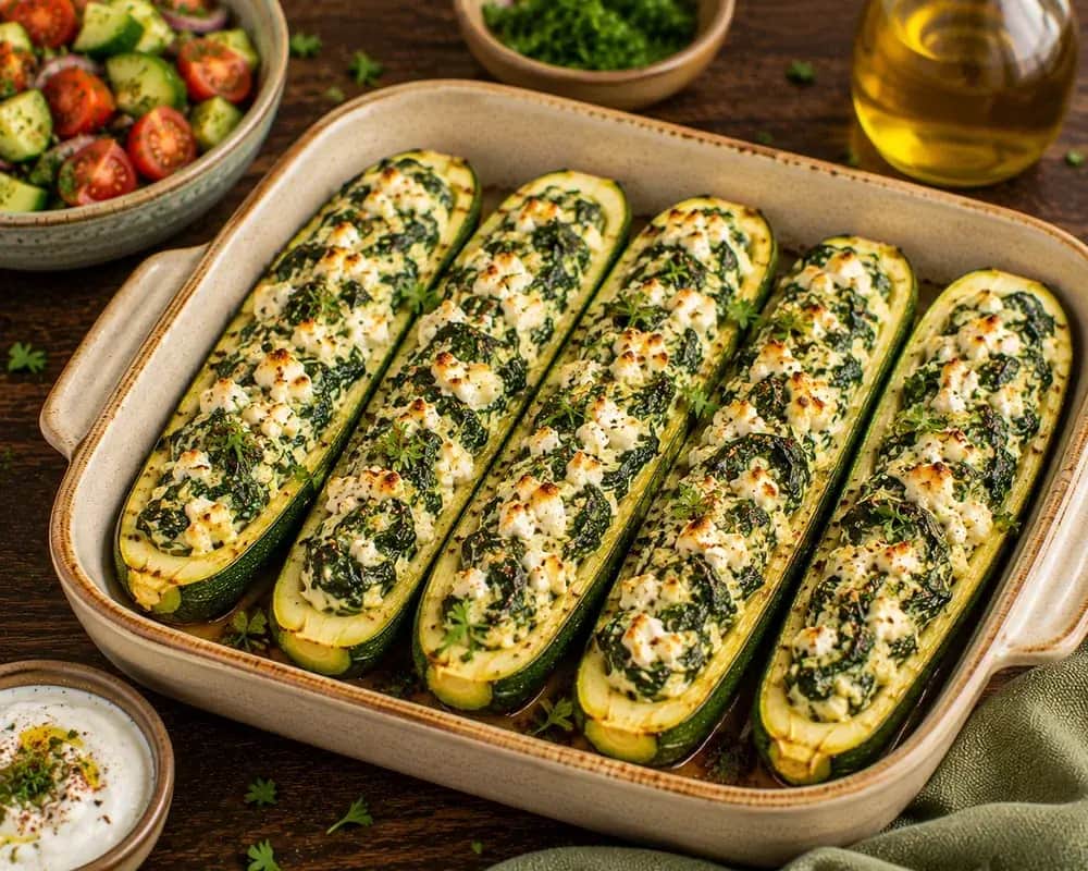 Golden baked zucchini boats filled with spinach, quinoa, feta cheese, fresh herbs, garlic, and Parmesan.