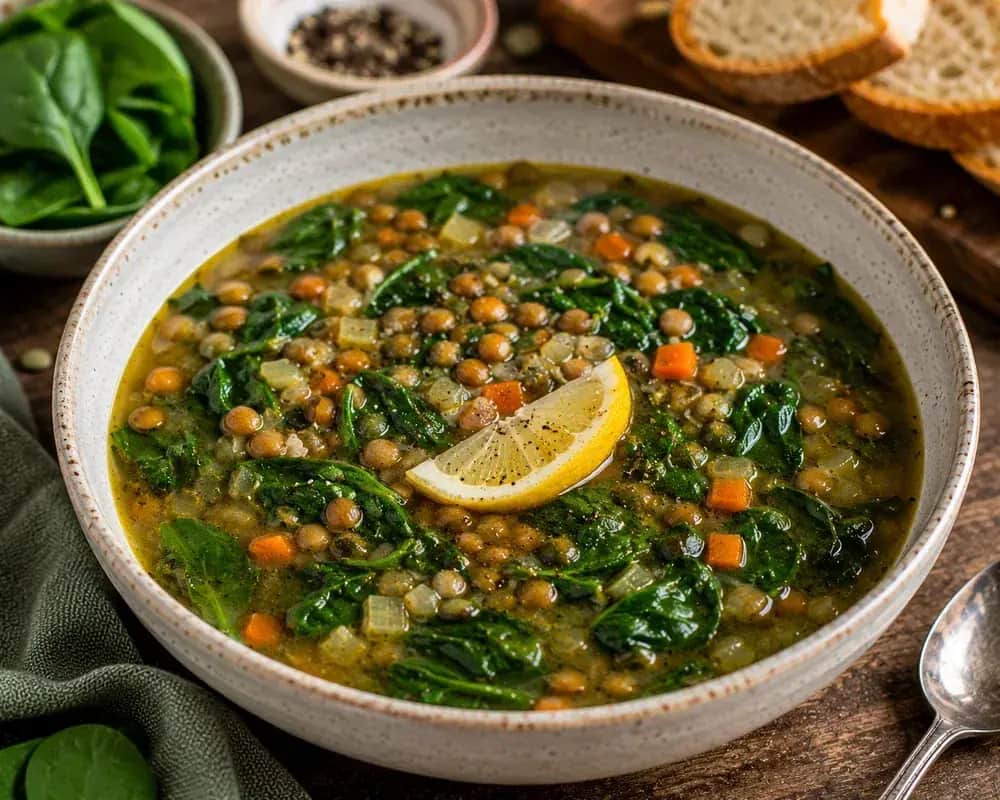 Mediterranean spinach lentil soup with tender red lentils, vegetables, fresh spinach, parsley, lemon wedges, and olive oil.