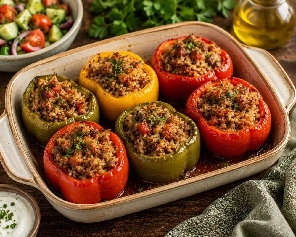 Colorful Mediterranean stuffed bell peppers filled with seasoned ground beef, brown rice, tomatoes, and fresh herbs, baked until tender and lightly browned.