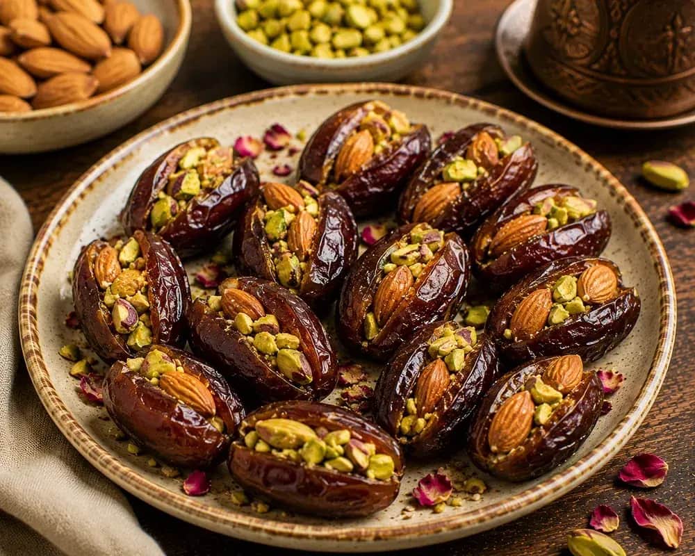 Soft Medjool dates opened and stuffed with whole roasted almonds, chopped pistachios, creamy goat cheese, honey, toasted sesame seeds, cinnamon, and fresh mint.