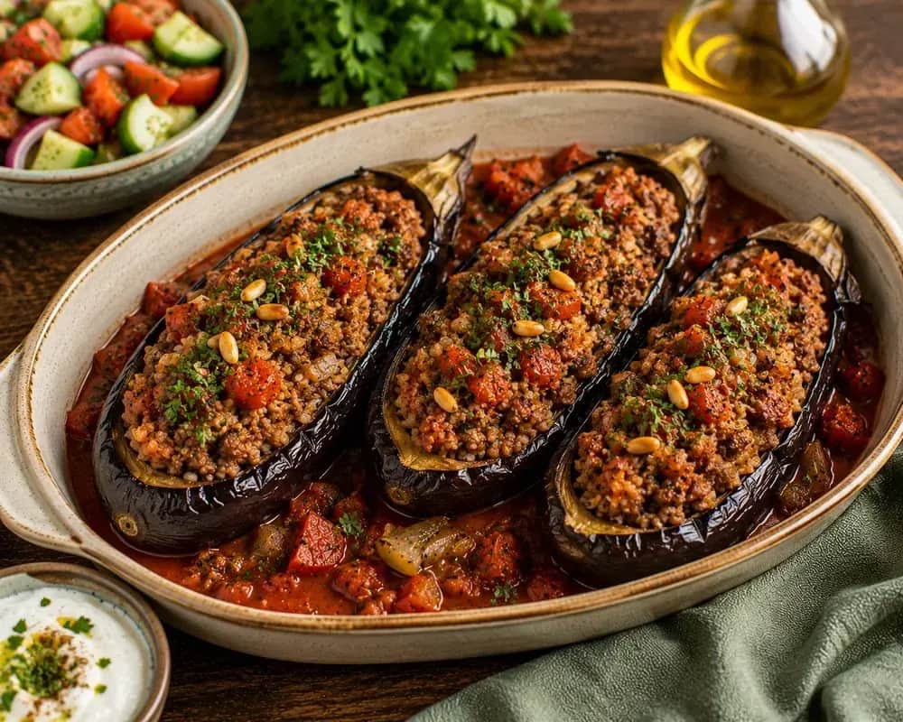 Roasted Mediterranean stuffed eggplant halves filled with seasoned lean ground beef, tomatoes, parsley, and herbs.