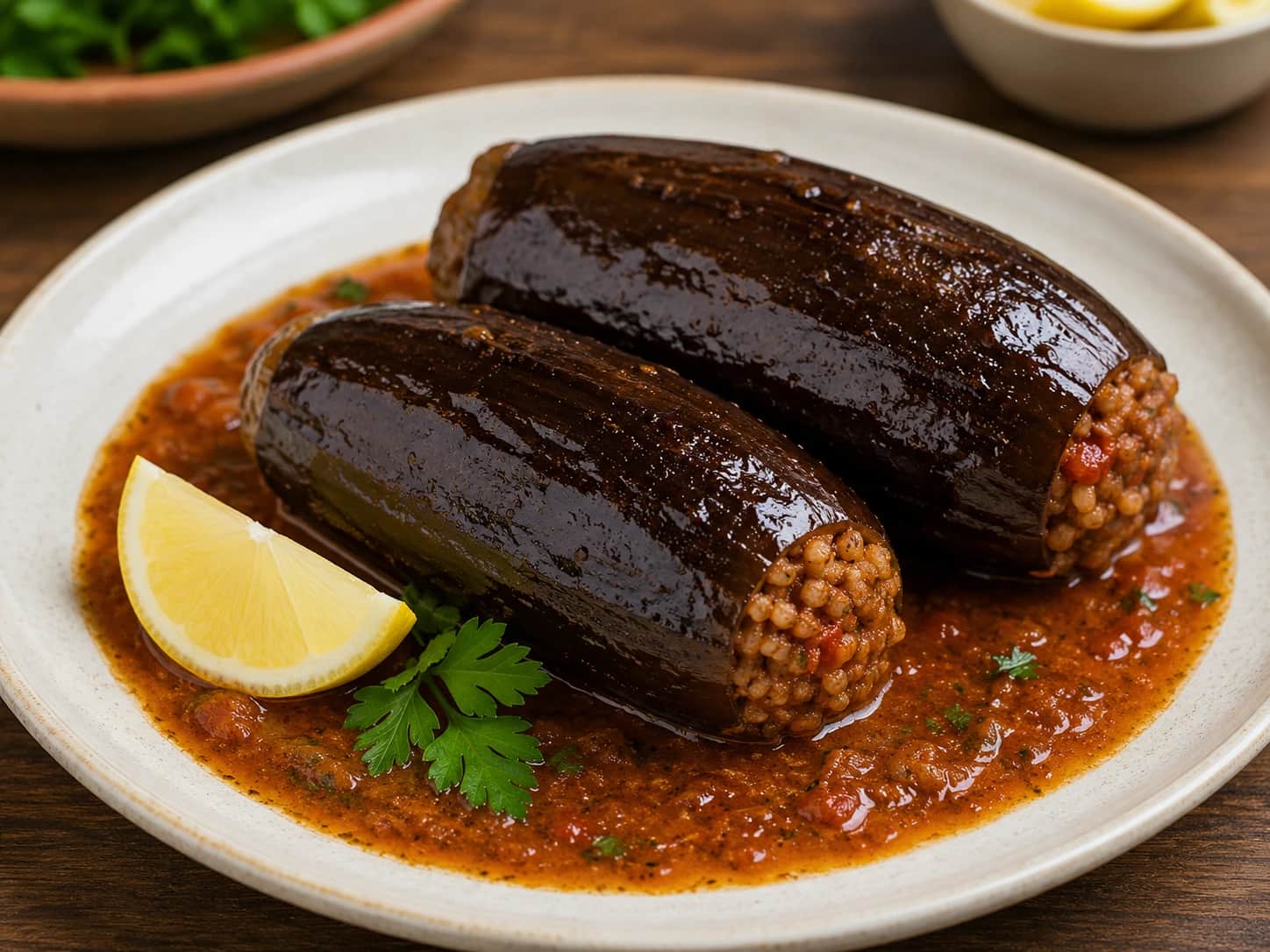 Egyptian stuffed eggplant filled with herbed tomato rice and baked until tender, served with fresh herbs.