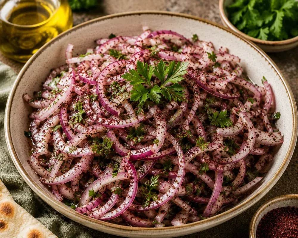 Turkish sumac onion salad made with thinly sliced red onion, fresh parsley, ground sumac, lemon juice, and olive oil.