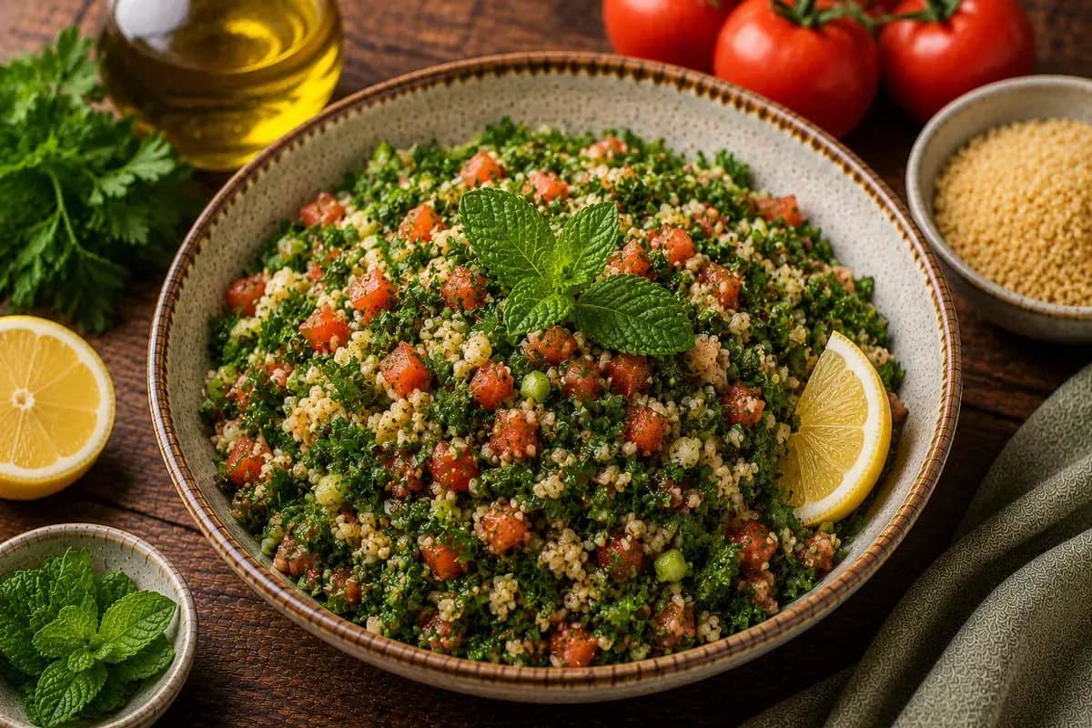 Classic Lebanese tabbouleh salad with finely chopped parsley, fresh mint, tomatoes, green onions, fine bulgur, and lemon dressing.