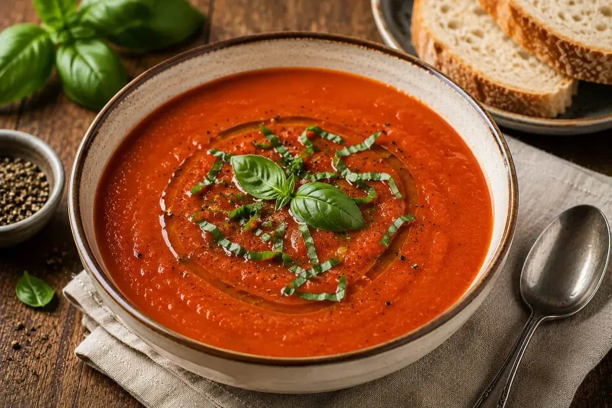 Silky roasted tomato basil soup garnished with fresh basil leaves and a drizzle of extra virgin olive oil.