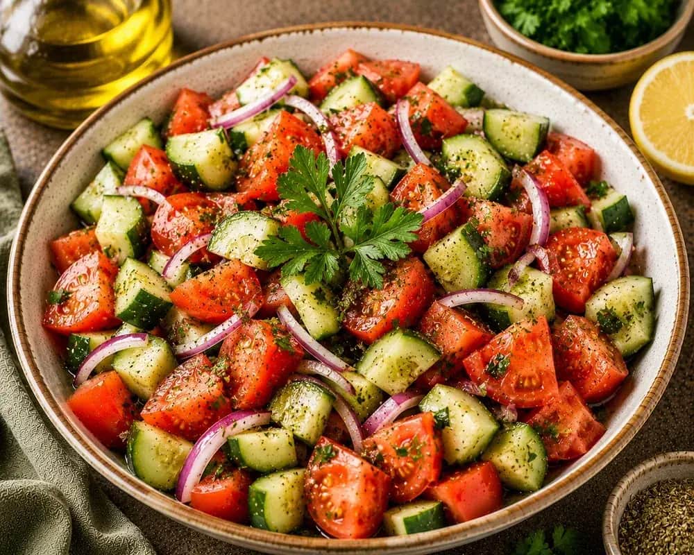 Mediterranean tomato and cucumber salad with parsley, mint, red onion, olive oil, lemon, and sumac.