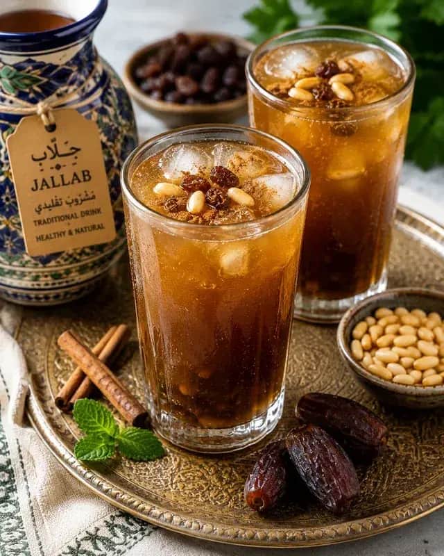 A tall glass of traditional Lebanese Jallab served over ice with pine nuts, golden raisins, and fresh mint.