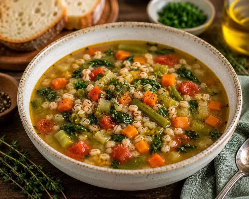 Chunky Syrian-style Mediterranean vegetable barley soup with pearl barley, carrots, zucchini, tomatoes, celery, fresh parsley, and lemon.