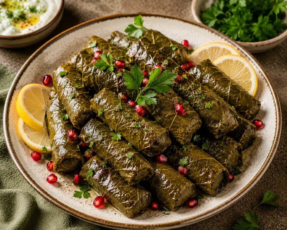 Traditional Lebanese stuffed grape leaves arranged on a serving plate with lemon wedges and fresh parsley.