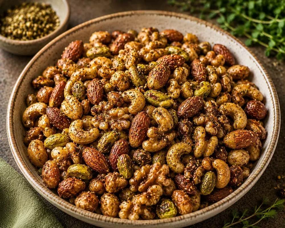 Golden roasted almonds, walnuts, pistachios, and cashews coated with za'atar, sesame seeds, and Mediterranean spices in a serving bowl.