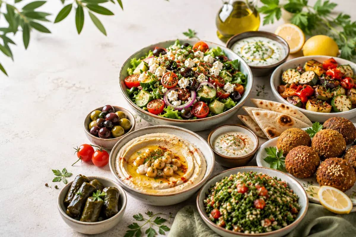 Healthy Mediterranean dishes with fresh vegetables, hummus, salads, and wraps
