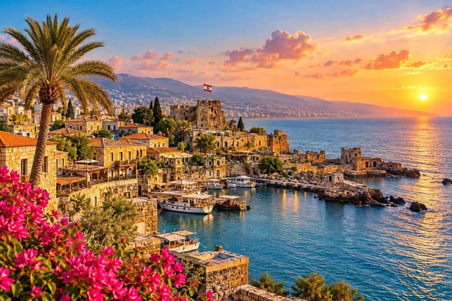 Historic Lebanese coastal town of Byblos overlooking the Mediterranean Sea at sunset