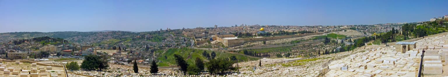 A panoramic view of Jerusalem's Old City from the Mount of Olives