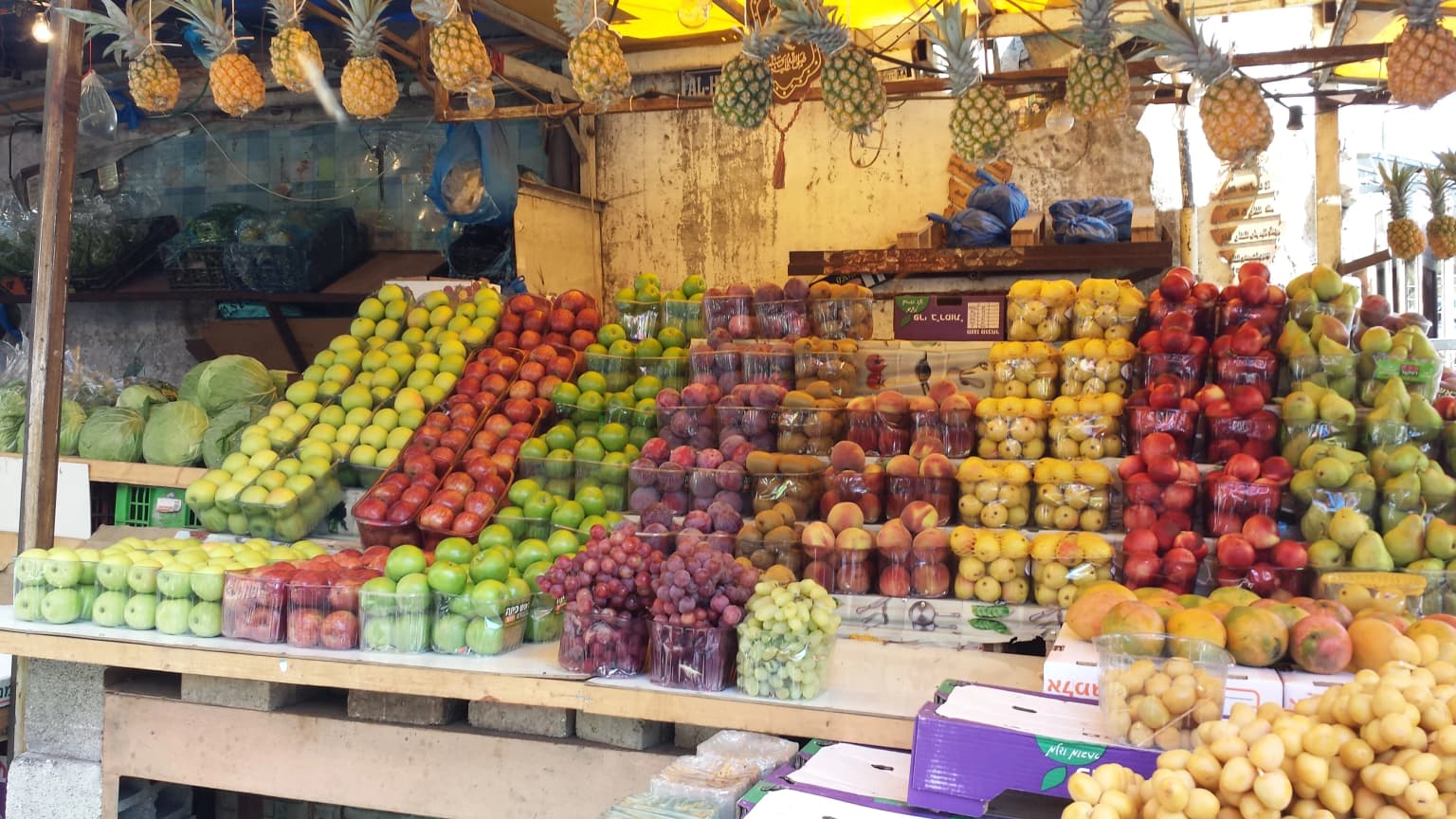 Fresh seasonal produce displayed at a Palestinian vegetable market