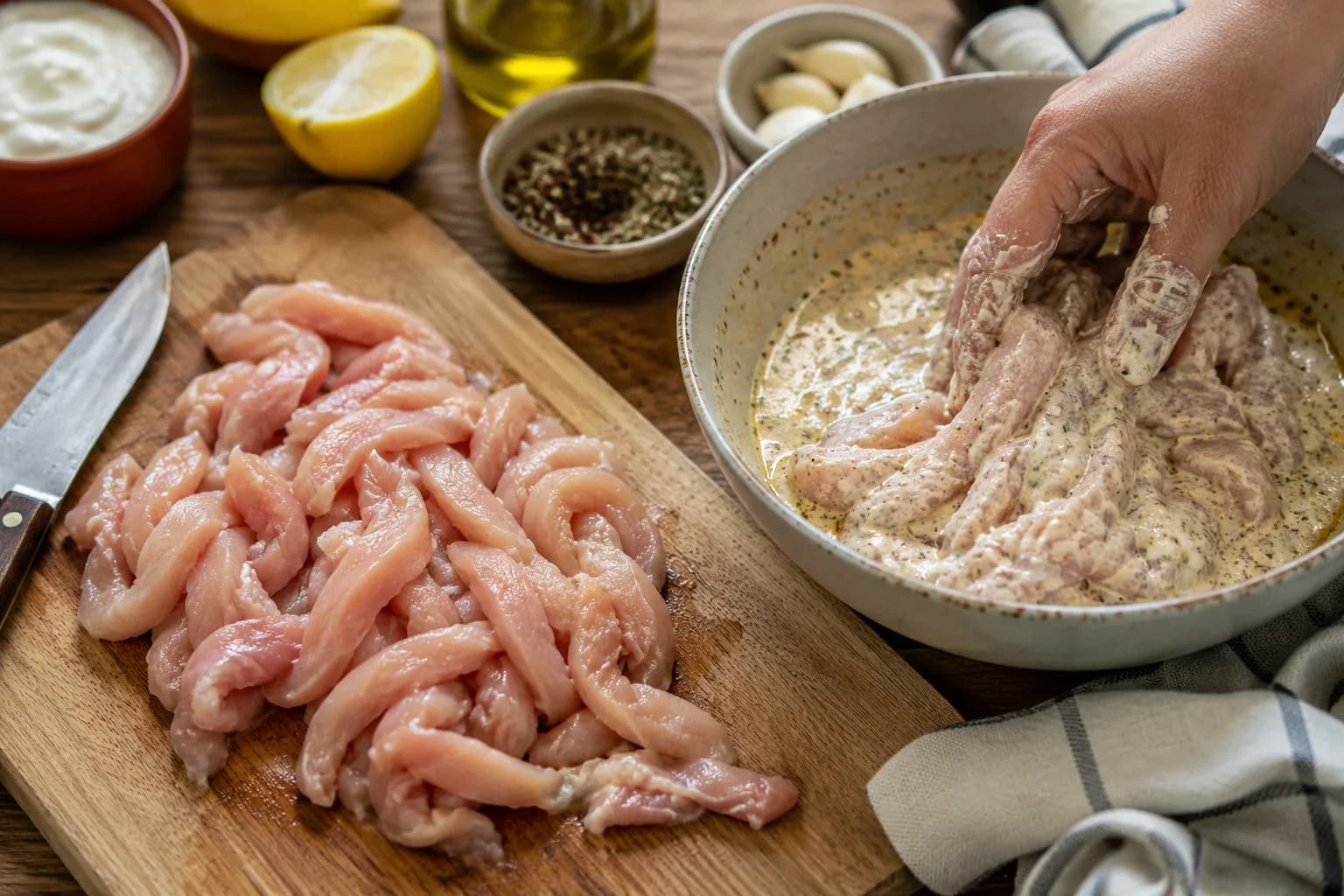 Thinly sliced chicken beside a bowl of creamy Palestinian-style shawarma marinade with yogurt, lemon, garlic, and warm spices.