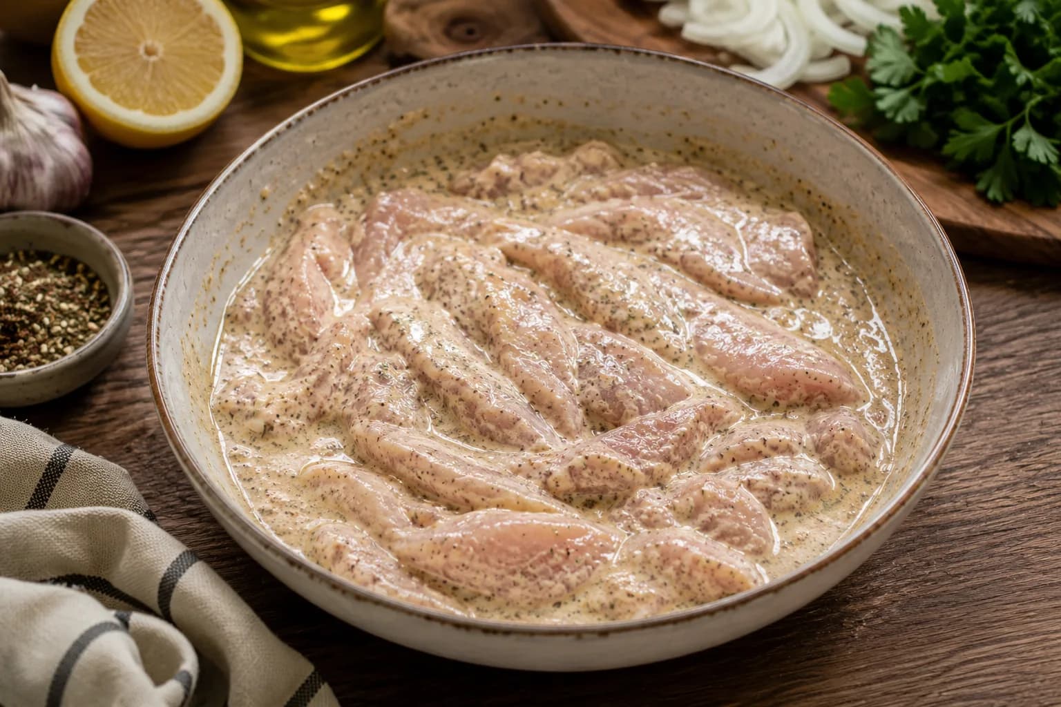 Thin chicken slices completely coated in a creamy yogurt and warm spice shawarma marinade.