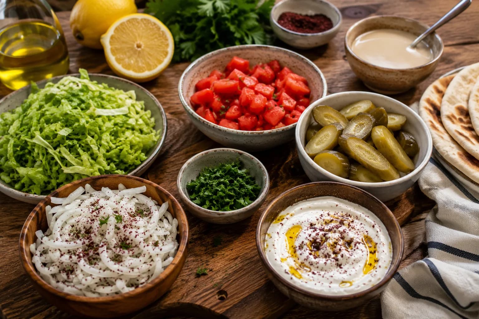 Fresh cabbage, cucumber, tomatoes, sumac onions, pickled turnips, parsley, tahini sauce, and flatbread prepared for chicken shawarma.