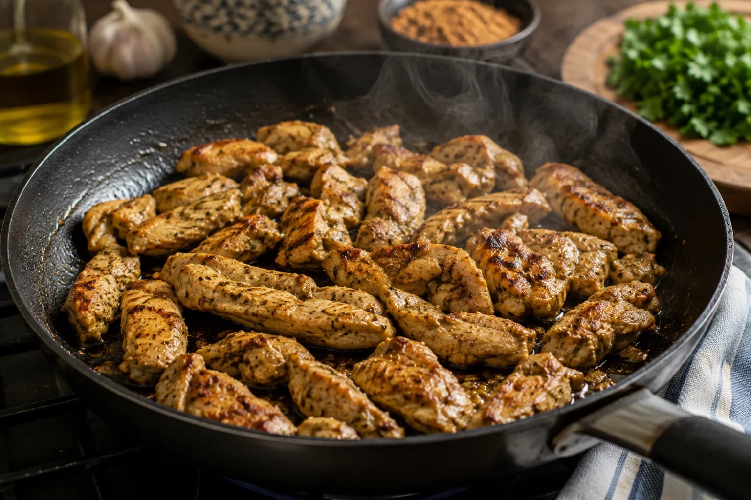 Thin marinated chicken pieces cooking in a hot skillet with naturally browned shawarma-style edges.