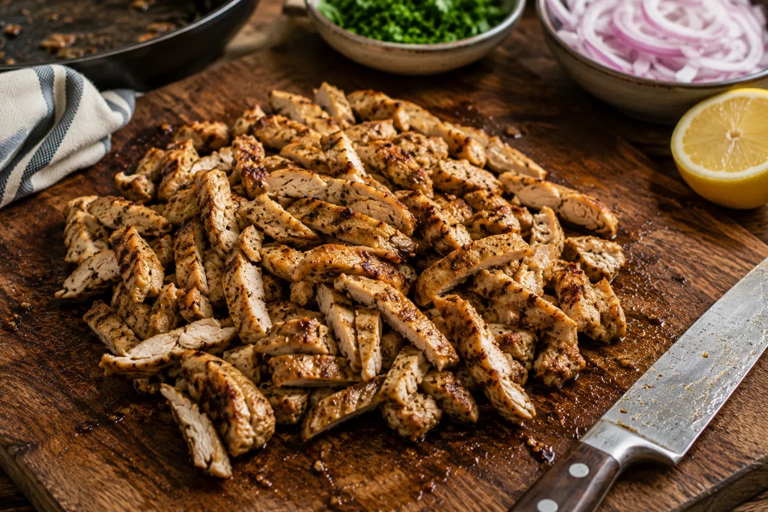 Cooked chicken being sliced into thin shawarma-style strips and briefly crisped in a hot skillet.