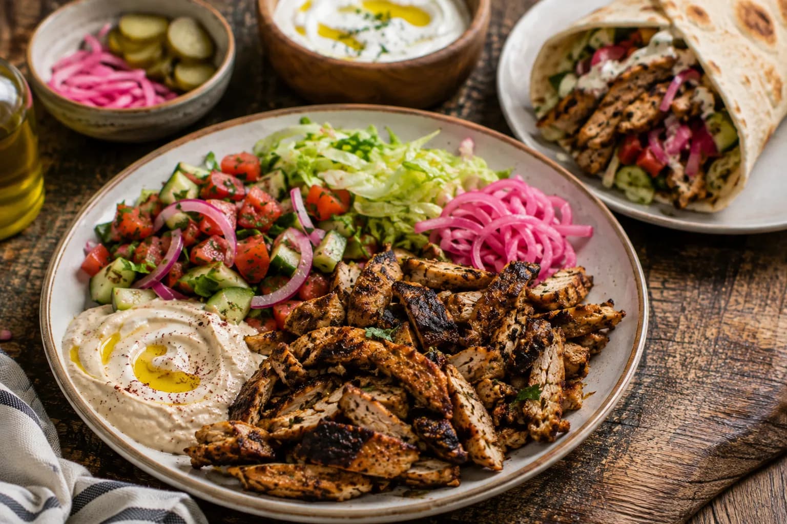 Palestinian-style chicken shawarma wrap filled with browned chicken, tahini sauce, cabbage, pickles, tomatoes, cucumber, and sumac onions.
