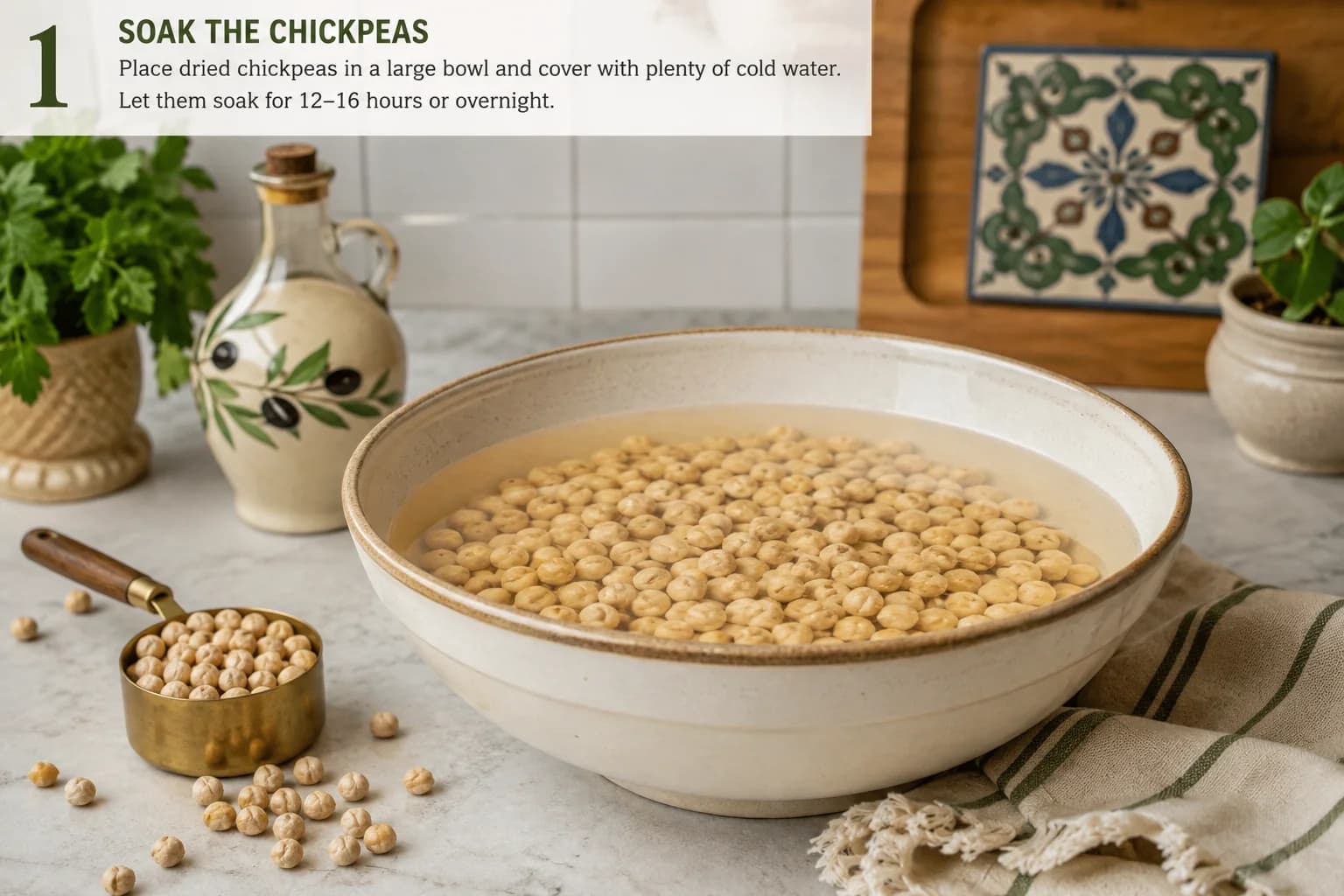 Dried chickpeas soaking in water in a bowl on a stylish kitchen counter.