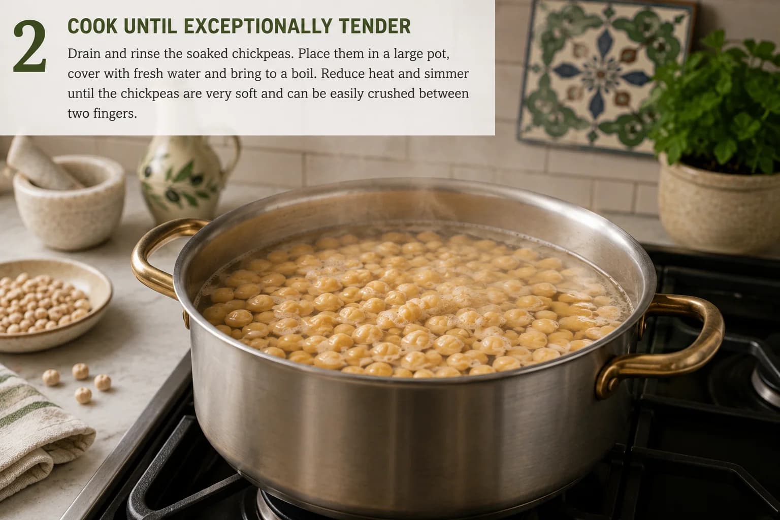 Tender chickpeas gently simmering in a saucepan in a stylish kitchen.