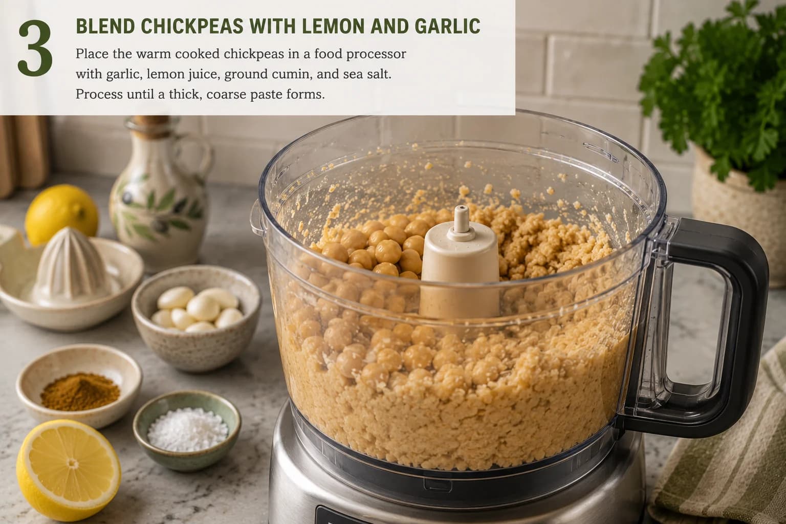Cooked chickpeas, lemon, garlic, cumin, and salt being blended for Palestinian hummus.