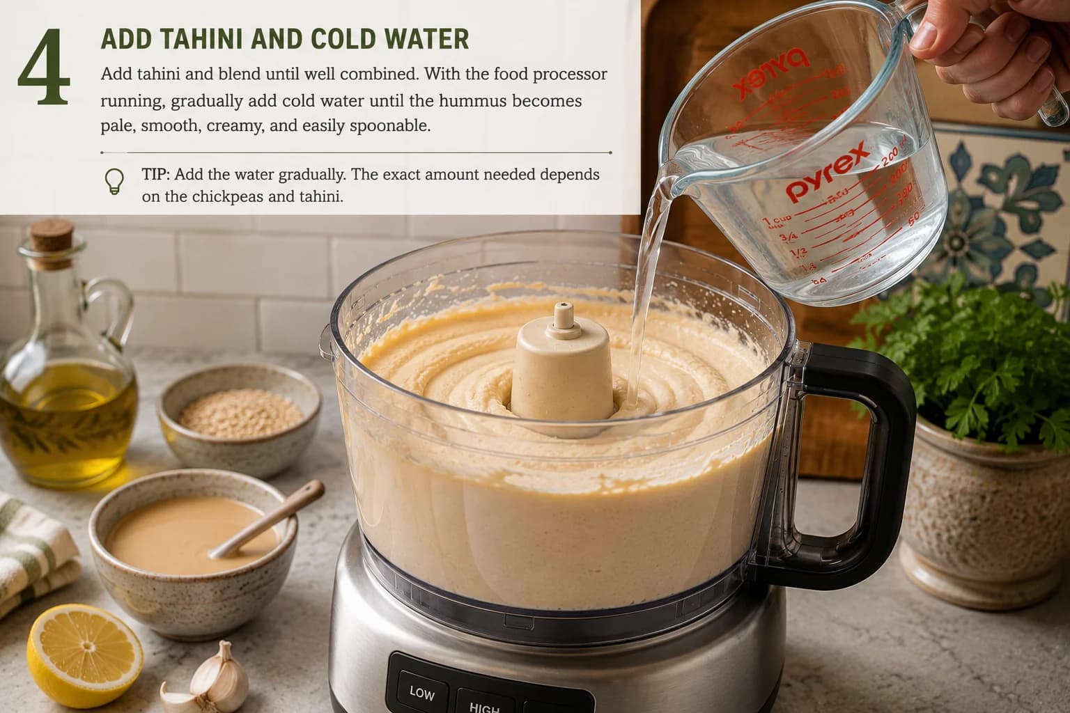 Creamy tahini being incorporated into chickpeas while cold water is gradually added.