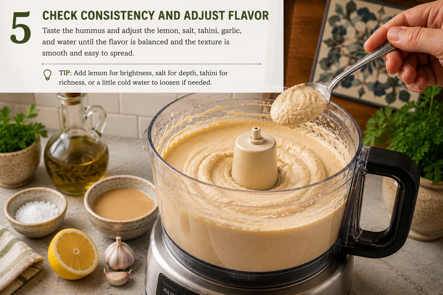 Smooth Palestinian hummus being checked with a spoon for texture and consistency in a stylish kitchen.