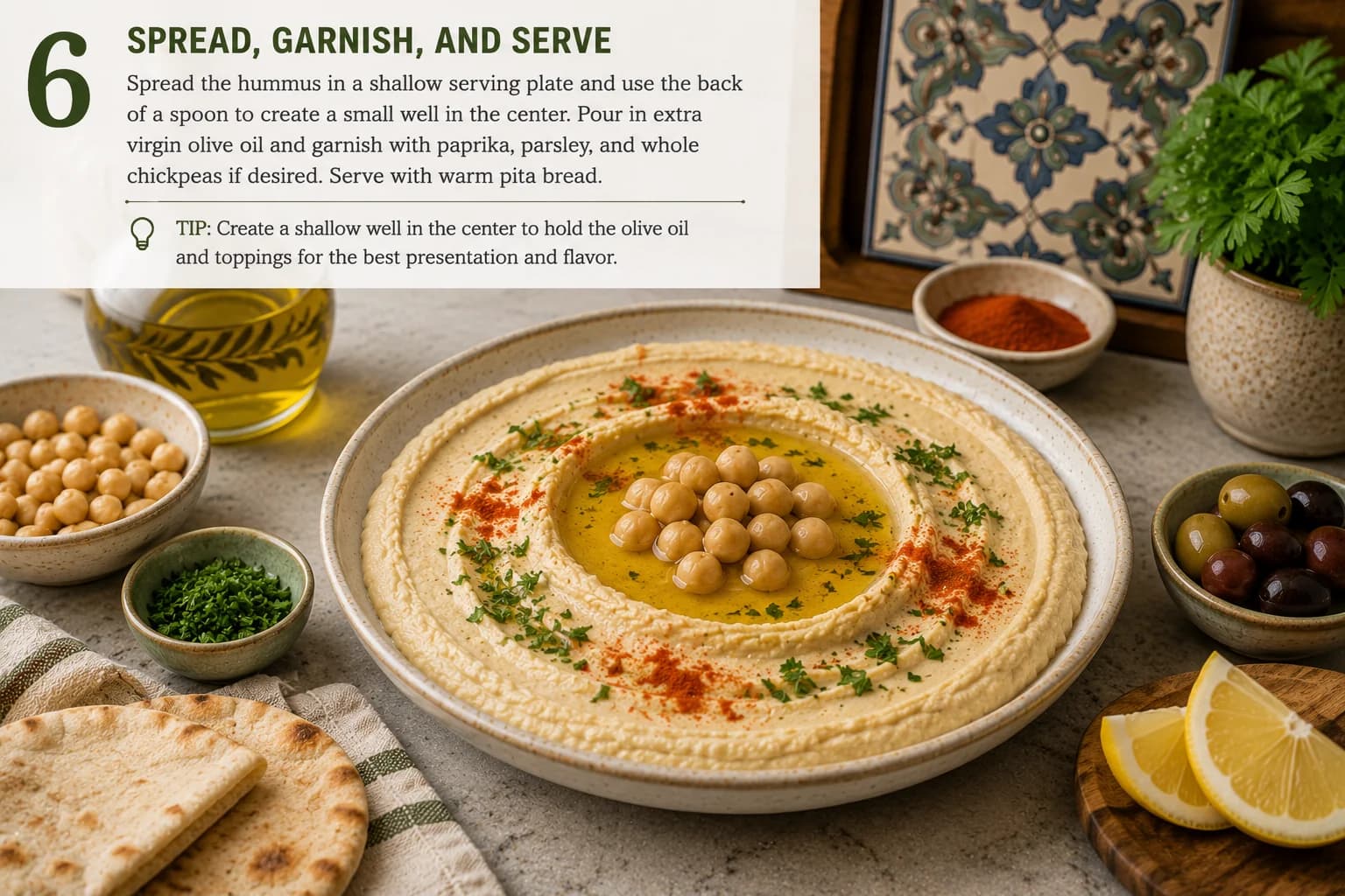 Palestinian hummus bi-tahini spread on a shallow plate with olive oil, paprika, parsley, chickpeas, and warm Arabic bread.