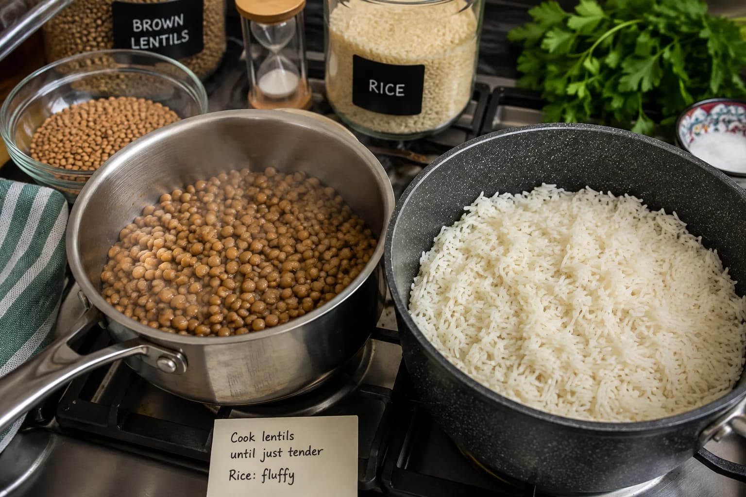 Brown lentils cooking in a saucepan beside long-grain rice being prepared for Egyptian koshari.