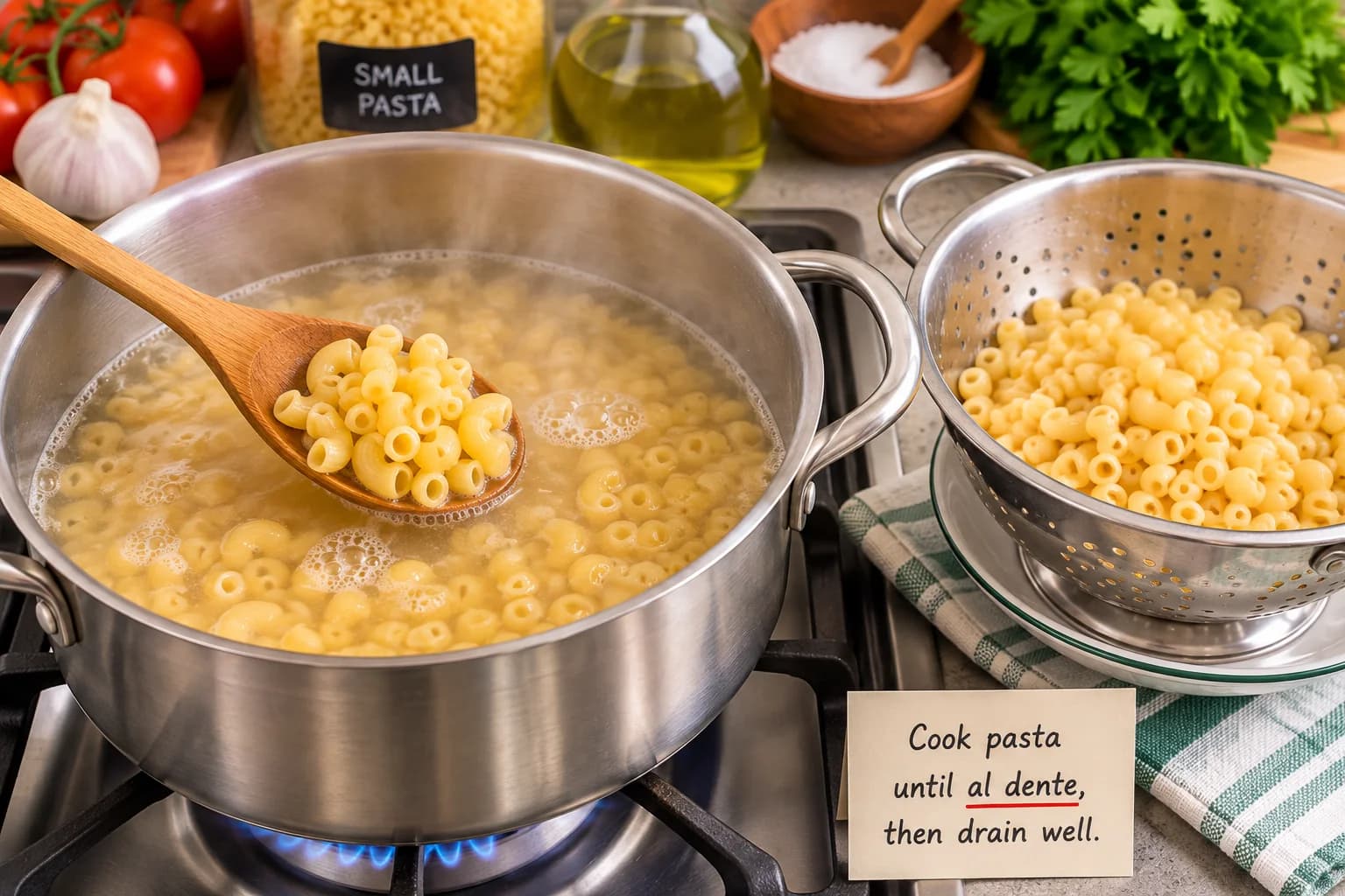 Small pasta cooking in boiling water for Egyptian koshari.