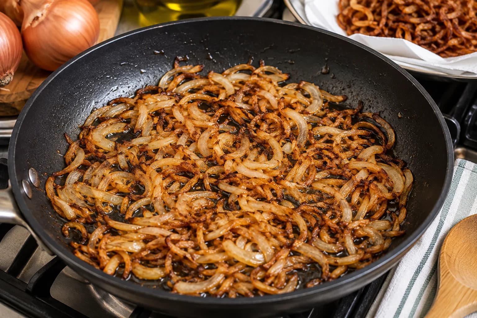Thinly sliced onions cooking in a wide skillet until deep golden and crispy for Egyptian koshari.