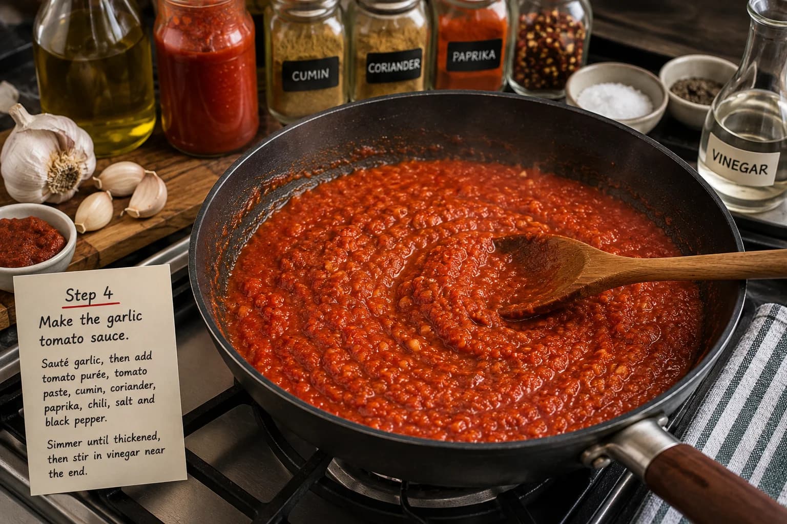 Rich Egyptian koshari tomato sauce simmering with garlic and warm spices.