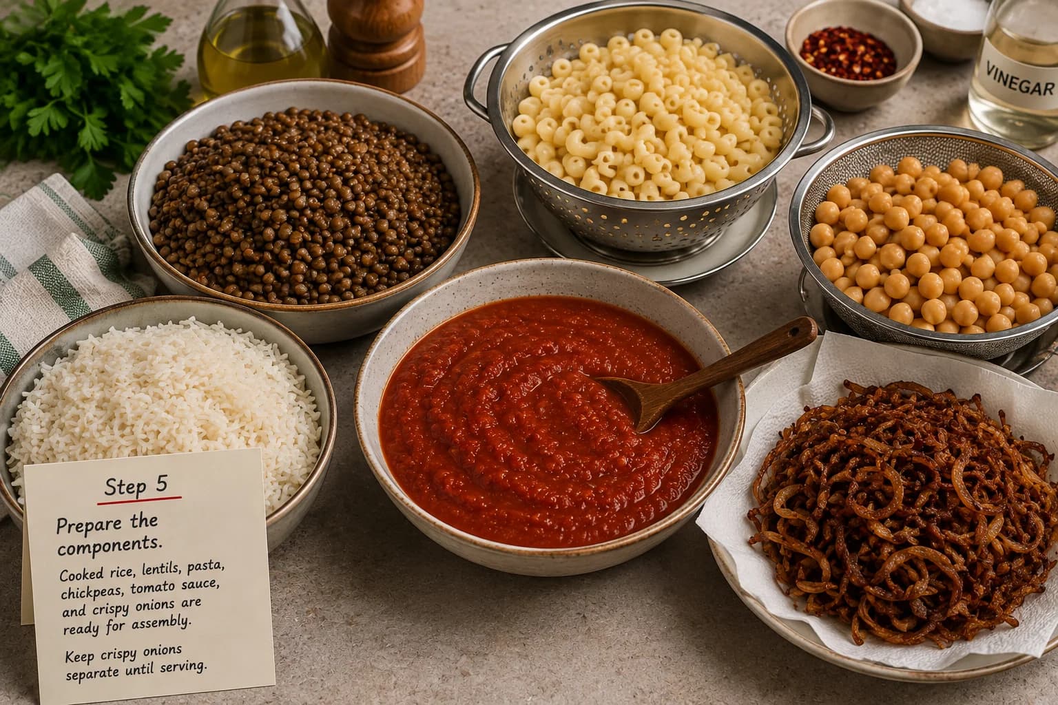 Cooked rice, lentils, pasta, chickpeas, tomato sauce, and crispy onions arranged for Egyptian koshari assembly.