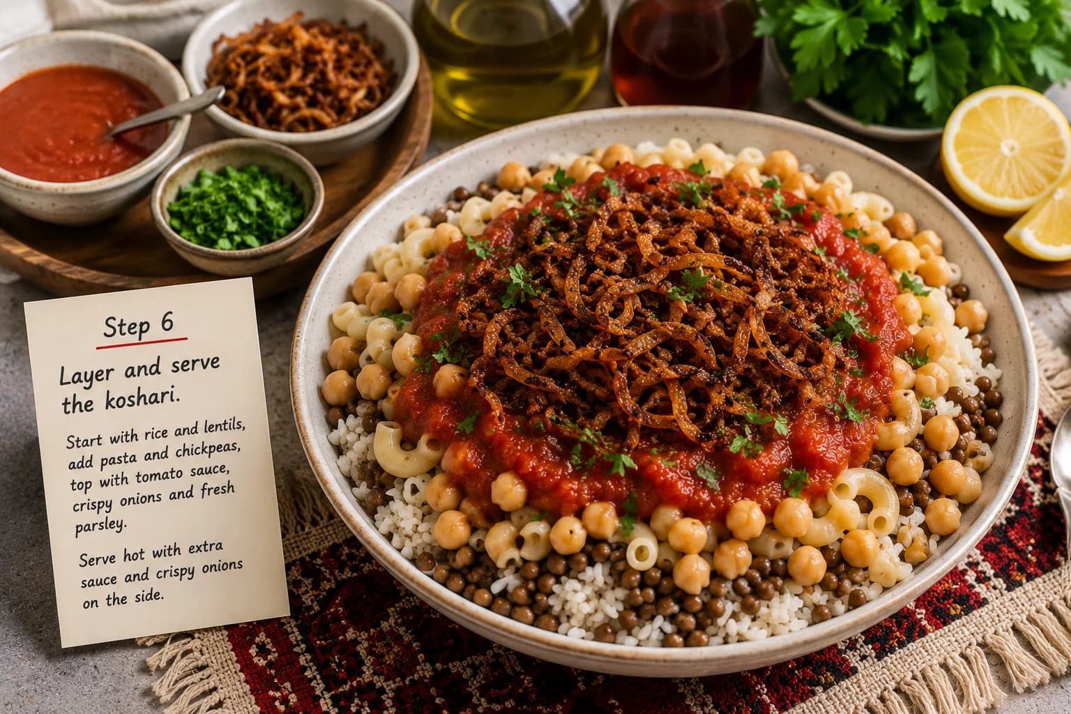 Natural serving of Egyptian koshari layered with rice, lentils, pasta, chickpeas, tomato sauce, crispy onions, and parsley.