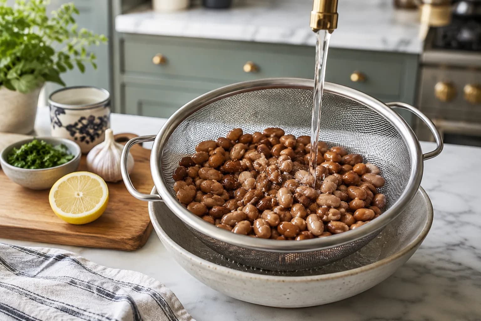 Prepared fava beans with diced tomato, red onion, parsley, garlic, lemon, and spices in a stylish kitchen.