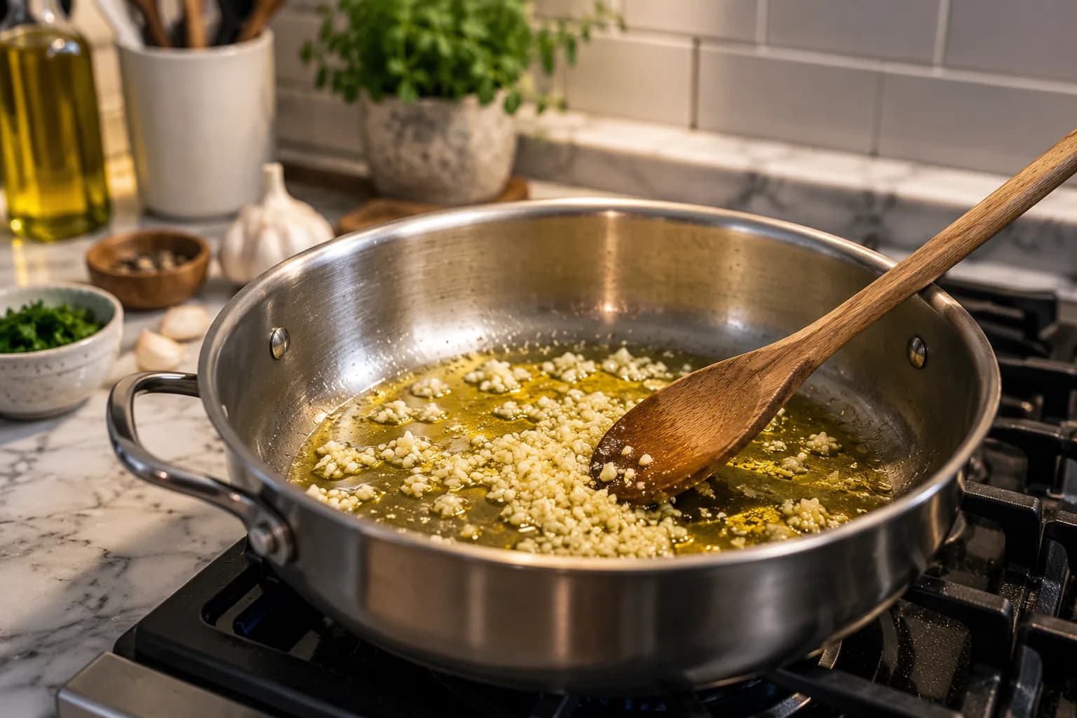 Minced garlic gently cooking in olive oil in a saucepan in a stylish kitchen.