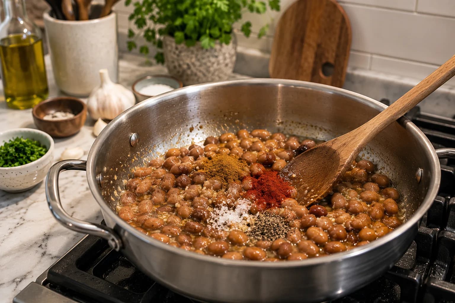 Fava beans warming with cumin, paprika, garlic, and olive oil in a saucepan.