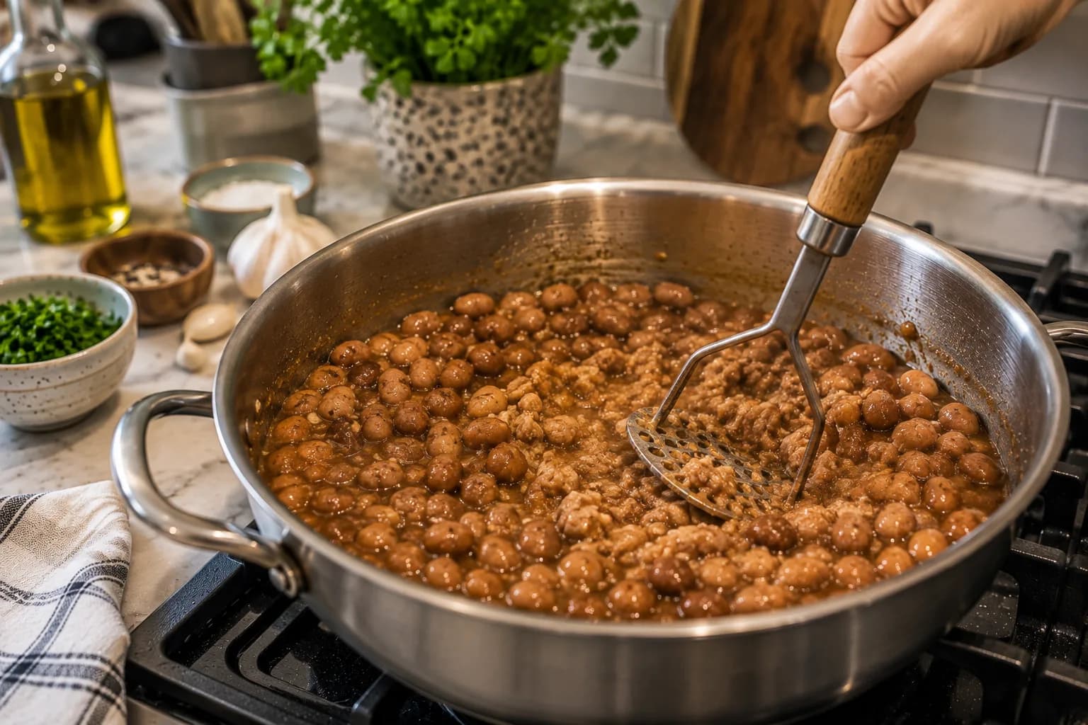 Partially mashed Egyptian ful medames with many whole fava beans still visible in the saucepan.