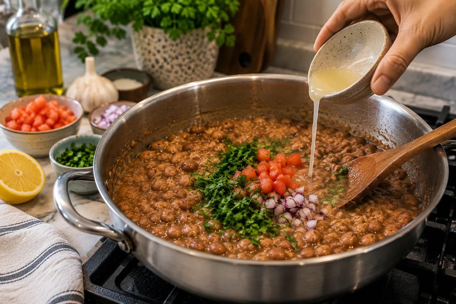 Hot ful medames being seasoned with fresh lemon juice and olive oil in a stylish kitchen.