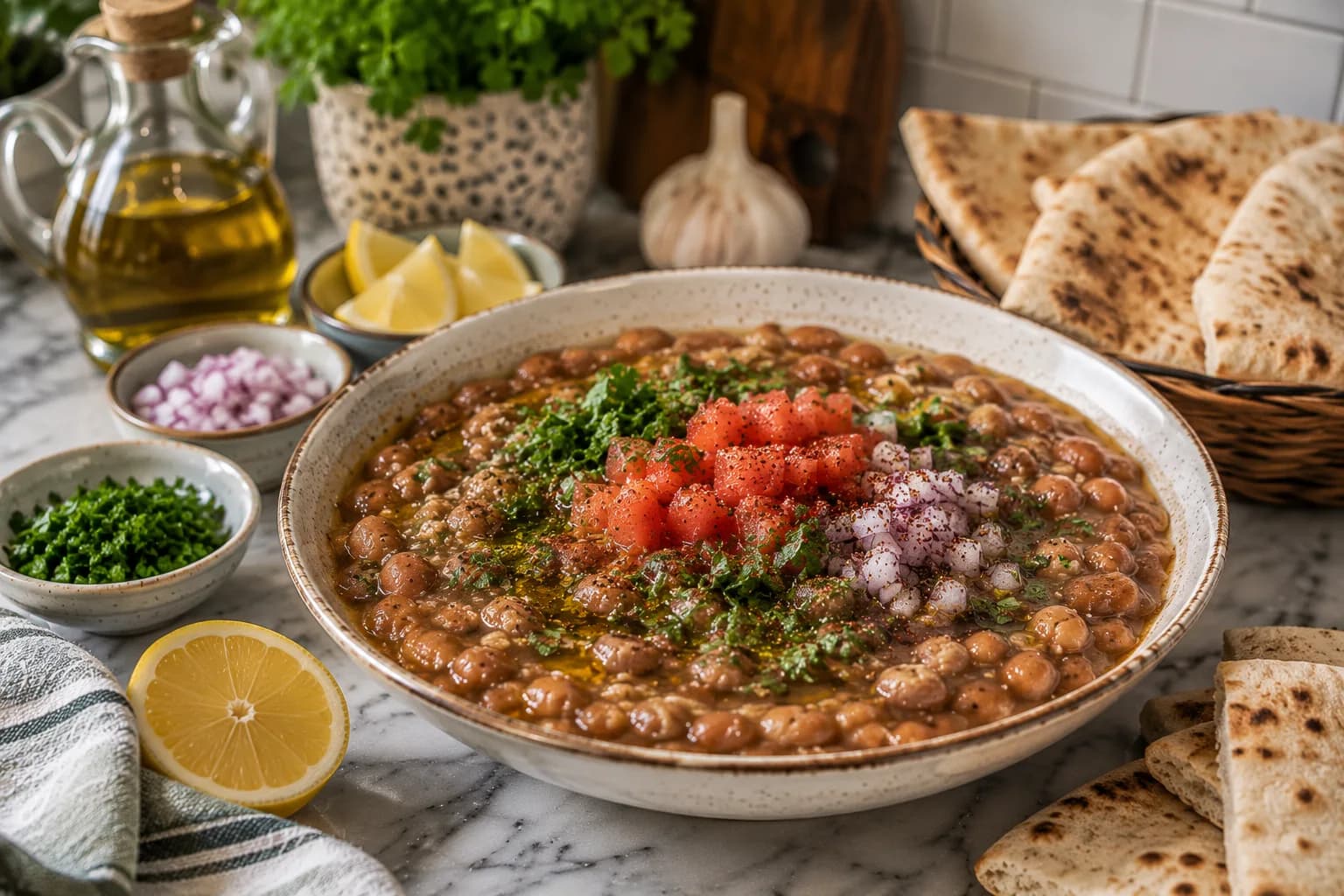 Finished Egyptian ful medames topped with tomato, red onion, parsley, olive oil, lemon wedges, and warm pita.