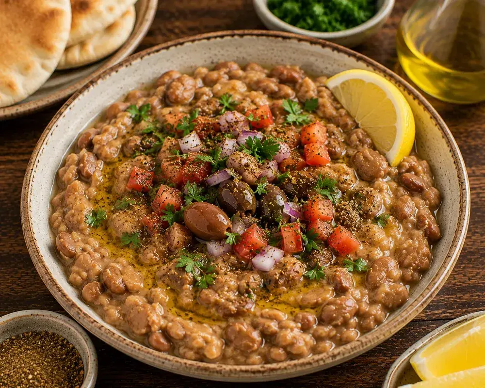 Egyptian ful medames with tender whole and gently mashed fava beans, tomato, red onion, parsley, olive oil, lemon wedges, and warm pita bread.